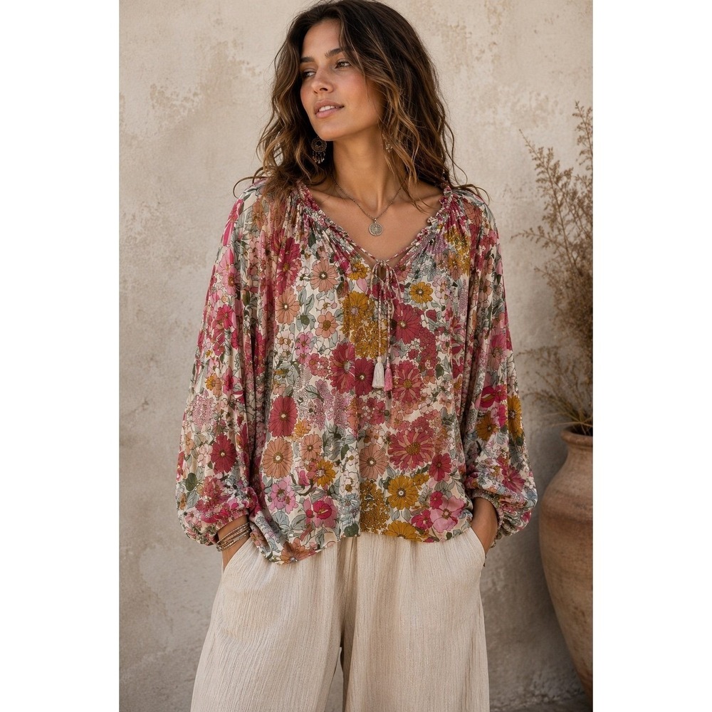 Entro Floral Boho Peasant Blouse Rayon Balloon Sleeve Top Size S